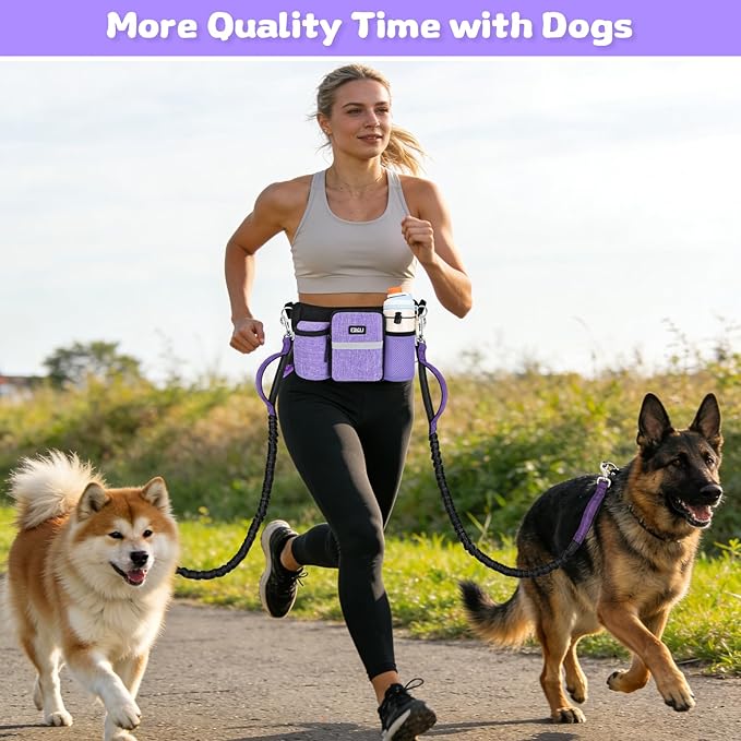 ETACCU Heavy Duty Hands Free Dog Leash with Zipper Pouch for Two Dogs, Waist Belt for Large Medium Dogs for Running, Walking, Jogging and Hiking, Dual Padded Handles and Durable Bungee (2 Dog Purple)