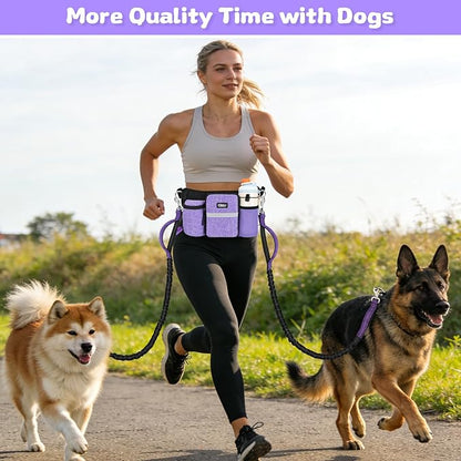ETACCU Heavy Duty Hands Free Dog Leash with Zipper Pouch for Two Dogs, Waist Belt for Large Medium Dogs for Running, Walking, Jogging and Hiking, Dual Padded Handles and Durable Bungee (2 Dog Purple)