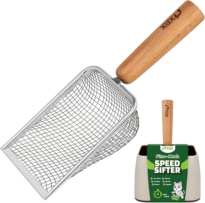 XBX Cat Litter Scoop with Holder – Metal Mesh Litter Scooper, Wooden Handle Fine Litter Scoop with Small Holes for Litter Box, Efficient Sifting and Easy Cleaning