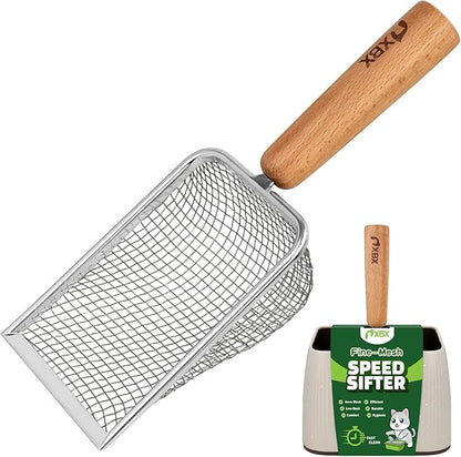 XBX Cat Litter Scoop with Holder – Metal Mesh Litter Scooper, Wooden Handle Fine Litter Scoop with Small Holes for Litter Box, Efficient Sifting and Easy Cleaning