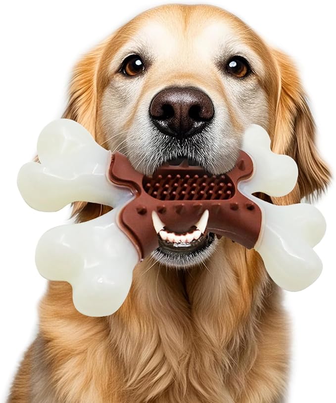 LaRoo Dog Chew Toys for Aggressive Chewers, Durable Nylon Bones Tough Toys for Training and Cleaning Teeth, Interactive Treat Dispensing Toy for Small/Medium Dog, Teething Relief, Meat Flavor (Brown)