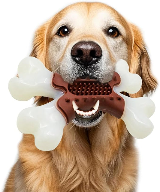LaRoo Dog Chew Toys for Aggressive Chewers, Durable Nylon Bones Tough Toys for Training and Cleaning Teeth, Interactive Treat Dispensing Toy for Small/Medium Dog, Teething Relief, Meat Flavor (Brown)