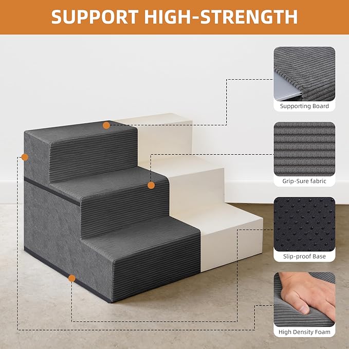Dog Stairs for Small Dogs, 13.5" H, 3-Step Pet Steps for Couch Sofa and Chair, Non-Slip Balanced Pet Ramp for Medium Cats,Indoor Dog Ladder, Grey
