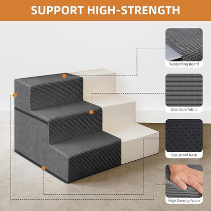Dog Stairs for Small Dogs, 13.5" H, 3-Step Pet Steps for Couch Sofa and Chair, Non-Slip Balanced Pet Ramp for Medium Cats,Indoor Dog Ladder, Grey