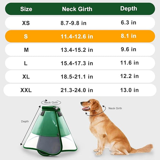 Soft Dog Cone Collar for Dogs After Surgery, Transparent Breathable Pet Recovery Collar for Large Medium Dogs, Adjustable Dog Cone Collar, Elizabethan Collar (S, Dark Green)