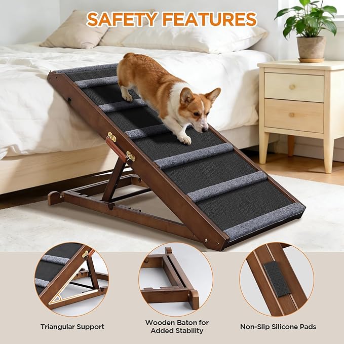 Dog Ramp for Bed, Extra Wide 17", Non-Slip Rubber Surface, Adjustable Folding Pet Ramps for Small & Large Dogs up to 200lbs, Walnut Wood Stairs for Old Dachshund/Labrador to Get on High Couch or Car
