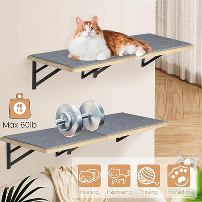 Burlywood Cat Shelves: Set of 4 Wood Cat Furniture Indoors - Climbing Shelf with Wall Mounted Scratching Pad & Hammock for Big Cats