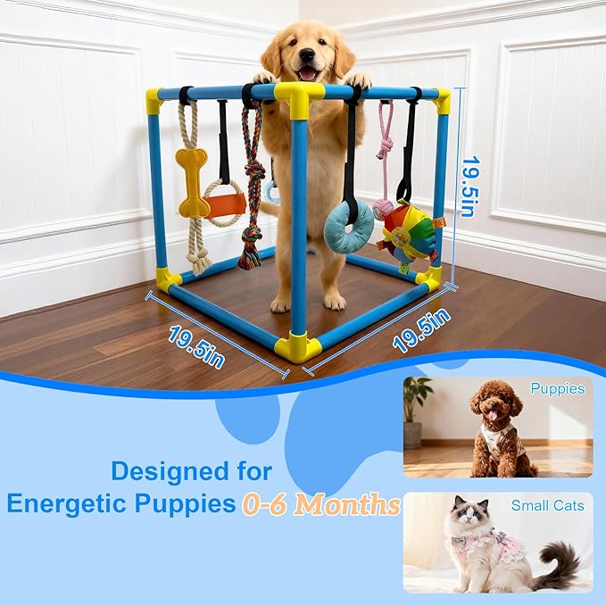 Puppy Play Gym with 8 Hanging Toys - Indoor Jungle Gym for Small Dogs, Interactive Enrichment Activity Center for Puppies, 19.5" PVC Frame with Teething Squeaky Toys to Keep Them Busy