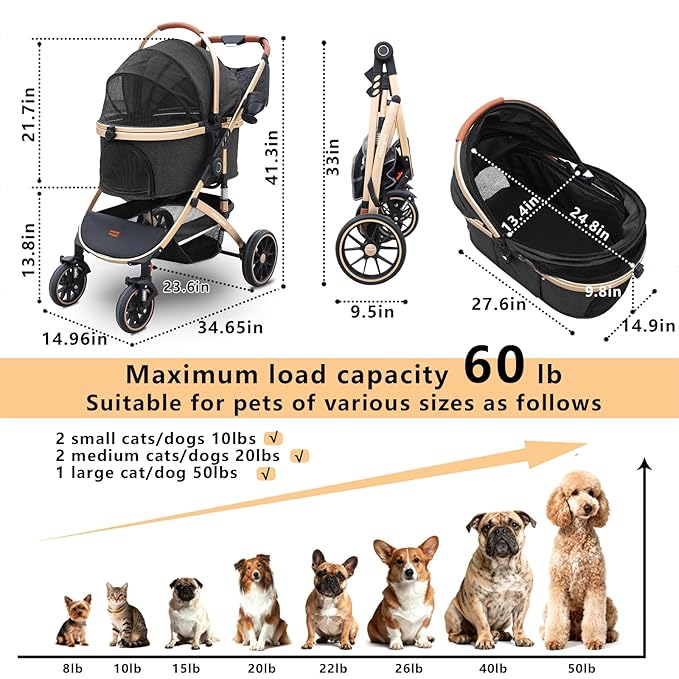 Pettingzoo Dog stroller with 4 Wheels, Folding Cat Stroller for Small/Medium/Large dogs & cats to 60 lbs, pet stroller with removable carrier, Storage Basket,Cup Holder,3 in1 Multifunctiona Detachable