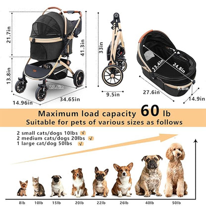 Pettingzoo Dog stroller with 4 Wheels, Folding Cat Stroller for Small/Medium/Large dogs & cats to 60 lbs, pet stroller with removable carrier, Storage Basket,Cup Holder,3 in1 Multifunctiona Detachable