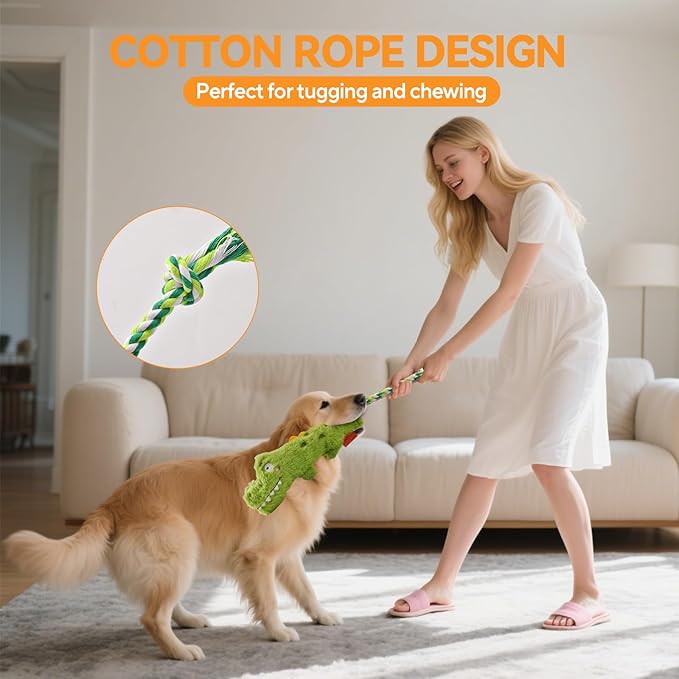 AUSCAT Plush Dog Rope Toy, Durable Squeaky Dog Toys for Puppy Small Medium Dogs (Not for Aggressive Chewers), Crocodile & Elephant & Flamingo