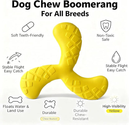 Ultra Durable Tri-Prong Dog Chew Toy for Teeth Cleaning - Non-Toxic Rubber Interactive Tug of War & Fetch Toy for Medium & Large Dogs(Yellow)