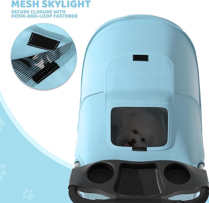 Magshion 3-Wheel Pet Stroller, Foldable Travel Jogger for Small & Medium Dogs & Cats (Up to 33lbs), Lightweight Carrier with Breathable Mesh Cover, Cup Holder & Storage Basket, Mint Green