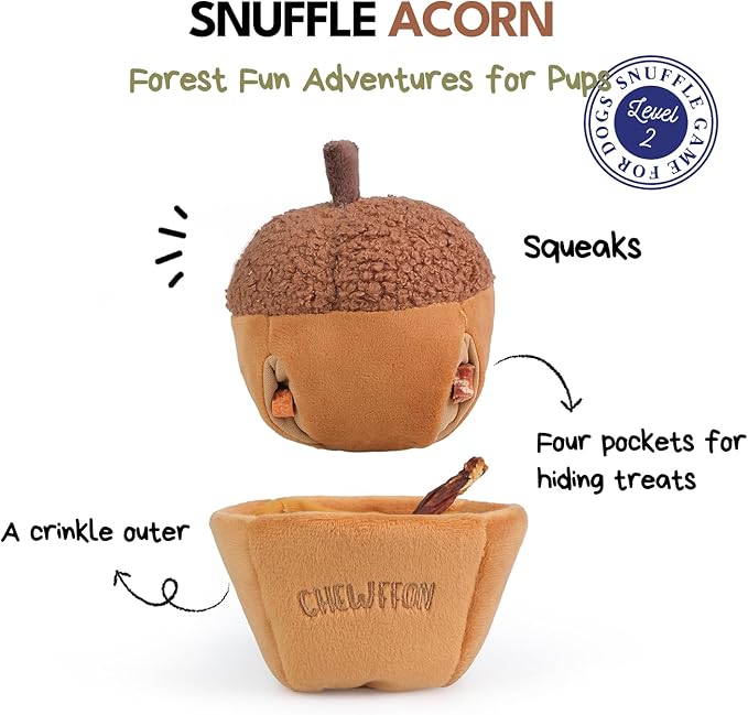 CHEWFFON Interactive Plush Dog Toy, Enrichment Crinkle Treat Puzzle Toys for Boredom and Stimulating, Acorn Shaped Snuffle Dog Toys, Hide and Seek Toy for Small, Medium and Large Dogs