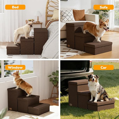 3-Step Wide Dog Stairs with Storage 18" H, Non-Slip Sturdy Pet Steps for High Bed Couch Window, Pet Stairs for Small/Medium/Large Old Dogs Cats Up to 200lbs, Cat Dog Steps for Car/SUV, Coffee