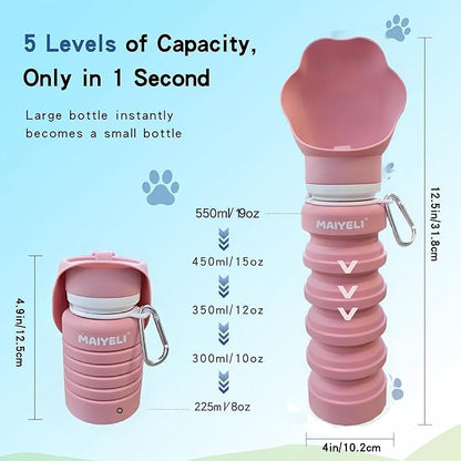 Portable Dog Water Bottle, Collapsible Silicone Dog Water Bottle with Bowl, Squeeze Leak-Proof Travel Water Dispenser for Walking, Hiking & Camping, 225–550ml (Pink)