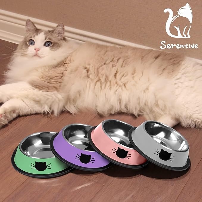 Serentive 2 Pcs Non-Slip Stainless Steel Small Cat Food Bowls - Unbreakable, Thicken 7 Oz Cat Dishes - Indoor, Removable Rubber Base, Easily Clean, Lovely Color