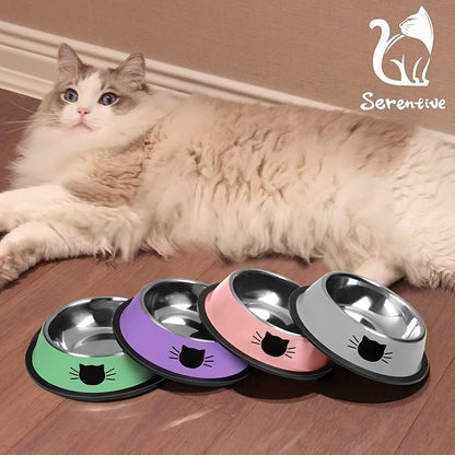 Serentive 2 Pcs Non-Slip Stainless Steel Small Cat Food Bowls - Unbreakable, Thicken 7 Oz Cat Dishes - Indoor, Removable Rubber Base, Easily Clean, Lovely Color