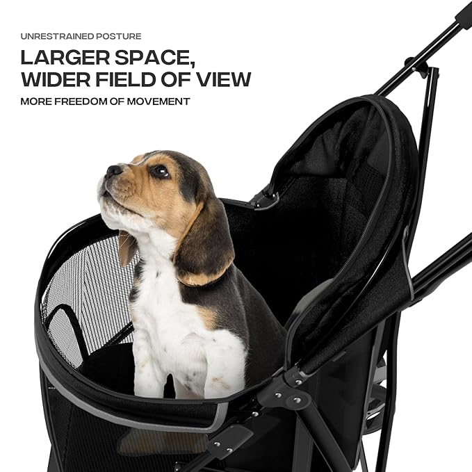 Pet Stroller for Small Dogs & Cats, 10-22lbs, Rear Storage, Black