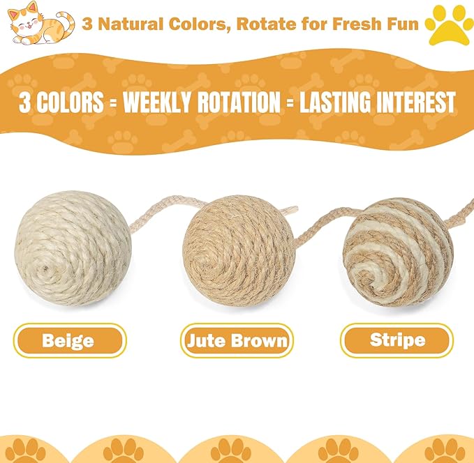 Cat Toy Ball with Sisal Rope Wrapping – 3 Pack Sisal Cat Toy Ball with Rope & Quiet Bell, 1.77" Natural Interactive Cat Scratching Ball for Indoor Cats (Beige, Yellow, Striped)