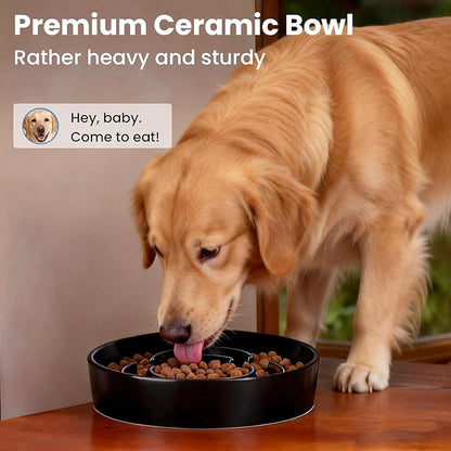 Ceramic Slow Feeder Dog Bowls,2.0 Cups Slow Feeder for Medium Large Breed,Puzzle Dog Food Bowl to Slow Down Eating, Anti-Gulping, Stop Bloat,Preventing Choking,8in,Black