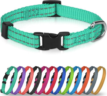 Joytale Puppy Collar, Feather-Light Double-Sided Reflective Nylon Collar for Night Safety, Adjustable Quick-Release for Extra Small Dogs, Teal, XS (3/8" Width)