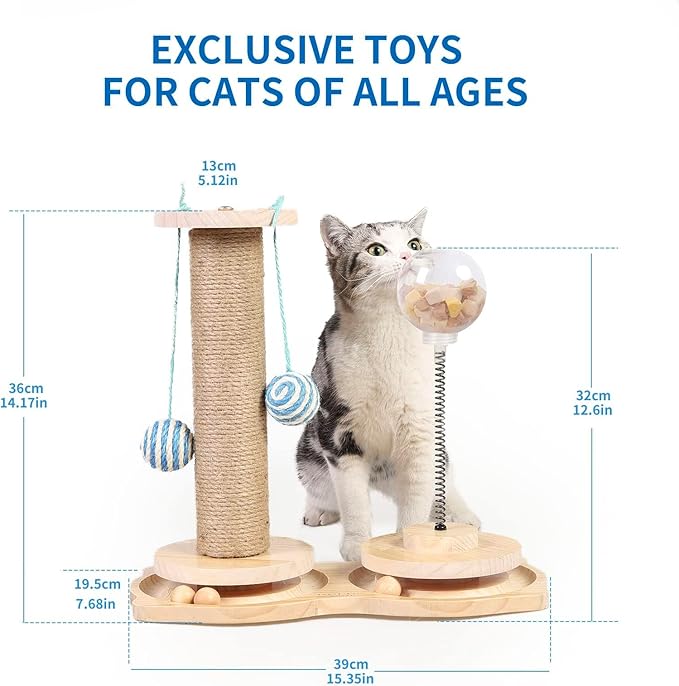 Marchul 4 in1 Interactive Cat Toy, Natural Sisal Cat Scratching Post with Hanging Balls, Cat Toys with Roller Track Ball by Wooden, Cat Food Feeder Toy with Treat Ball for Indoor Cats and Kittens