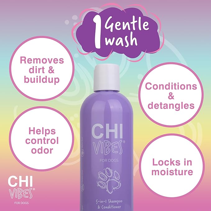 CHI Vibes for Dogs 5-in-1 Shampoo & Conditioner, Cleans + Deodorizes + Moisturizes + Detangles + Helps De-Shed, Vegan pH Balanced, Gluten & Paraben Free, Made in USA, 12 Fl Oz