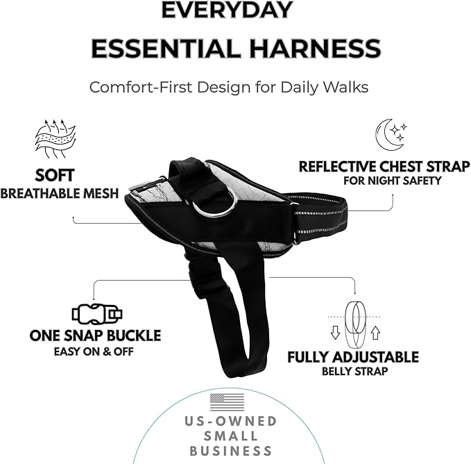 ShawnCo Essential Dog Harness, No-Pull Pet Vest with 3 Leash Clips, No Choke, Reflective, Adjustable and Padded, for Easy Walking and Training for Small, Medium and Large Dogs (White Marble, S)