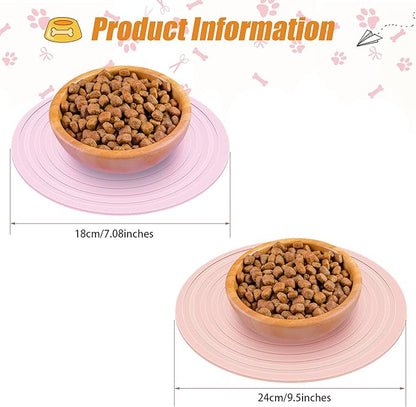 2 Pieces Silicone Pet Food Mat Pet Feeding Mat for Dog and Cat Food Bowl Placemat Preventing Food and Water Overflow Suitable for Medium and Small Pet, 9.5 x 9.5 Inch and 7.1 x 7.1 Inch (Pink)