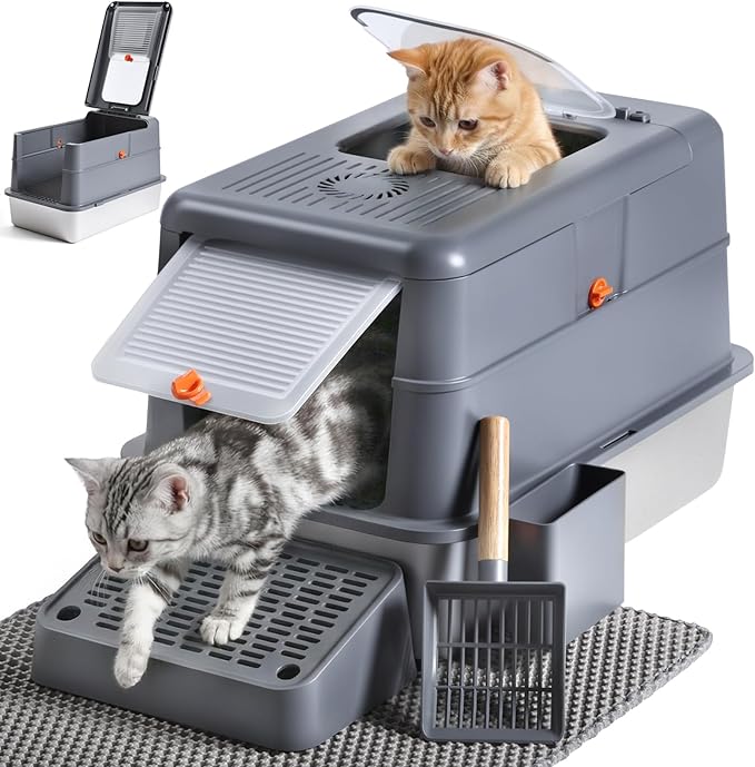 Stainless Steel Litter Box with Lid, Front Entry Top Exit Cat Litter Box, Extra Large High Sided Enclosed Metal Litter Box with Scoop, Pedal & Litter Mat, Grey
