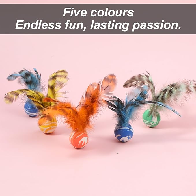 Cat Bouncy Ball with Feathers - 5 Pack Interactive Cat Feather Toys for Indoor Cats, Rubber Kitten Fetch Chase Toy for Interactive Exercise & Hunting Play