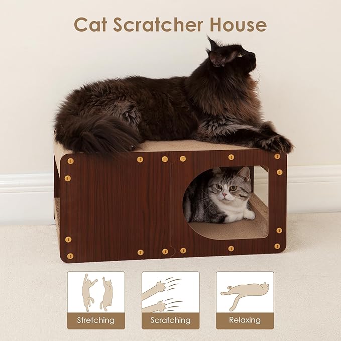 EHEYCIGA Cardboard Cat Scratcher House, 23-Inch Corrugated Cat Scratcher for Indoor Cats, Extra Large Scratching Board Pad, Dark Brown