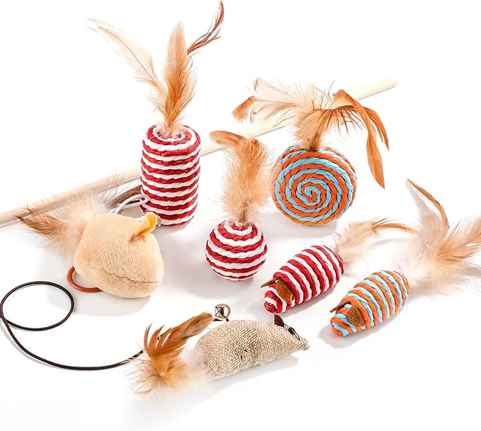NVTED Cat Feather Toy Set - Playing Wand and Pet Activity Nip Toys Collection in Gift Box, Set of 7