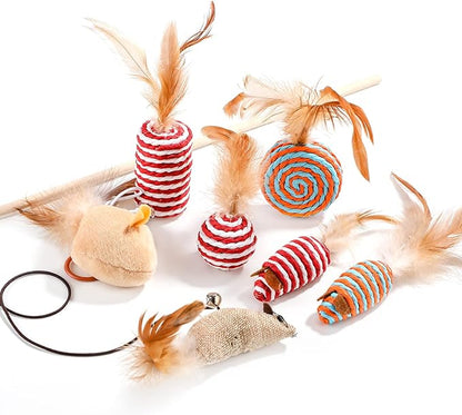 NVTED Cat Feather Toy Set - Playing Wand and Pet Activity Nip Toys Collection in Gift Box, Set of 7
