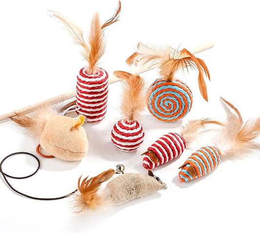 NVTED Cat Feather Toy Set - Playing Wand and Pet Activity Nip Toys Collection in Gift Box, Set of 7