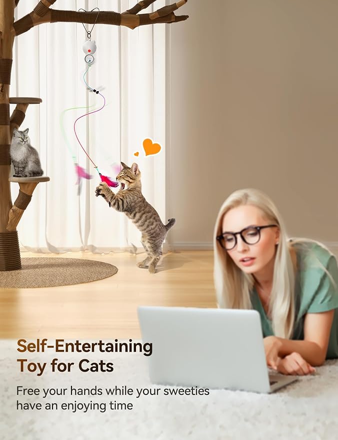 FEELNEEDY Laser Interactive Cat Toys, LED Light, 8 PCS Replacement Teaser with Bell Refills, Feather & Mouse Cats Toy, Hanging Cat Toys for Indoor Cats, for Bored Adult Kitten Exercise, Silver