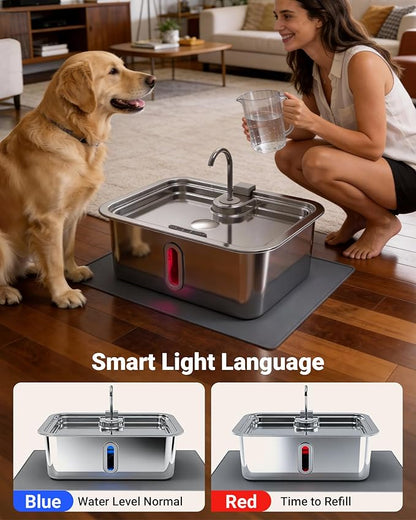 18L/4.76Gal Extra Large Dog Water Fountain with Silicone Mat & 3 Filters, Quiet Pet Water Fountain for Giant Breeds, Stainless Steel Dog Water Bowl Dispenser with Visible Window & Alert Light