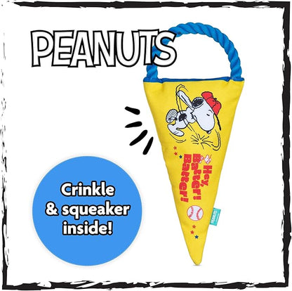 Peanuts for Pets Durable Dog Toy - Athlete Snoopy Flattie Fan Banner with Rope Tug, Squeaker, and Crinkle - Interactive Chew Toys for Small, Medium, Large Dogs and Puppies
