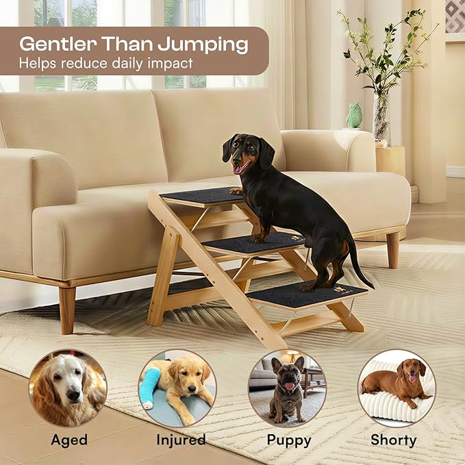 Luciphia Wooden Dog Stairs for Small Dogs 2-in-1 Foldable Dog Steps for Beds Cars Couch Anti-Slip Pet Ramp with 4 Steps Indoor Pet Stairs for Medium Large Older Pets Cats up to 220lbs
