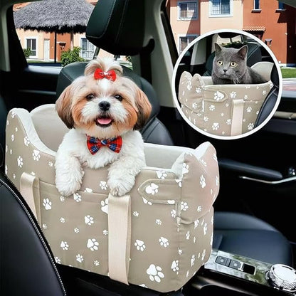 Cullaby Dog Car Seat for Small Dogs (Under 15 lbs) – Center Console Pet Carrier with Safety Belt, Storage Pockets & Removable Washable Cover (Khaki Car Seat)