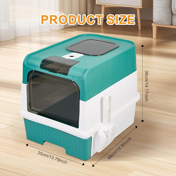 Cat Litter Box with Litter Mat, 18"x14"x13" Large Litter Box for Big Cats, Enclosed Removable Litter Boxs, Front Entry Top Exit Kitty Box, Odor Control, Easy to Clean (Green)