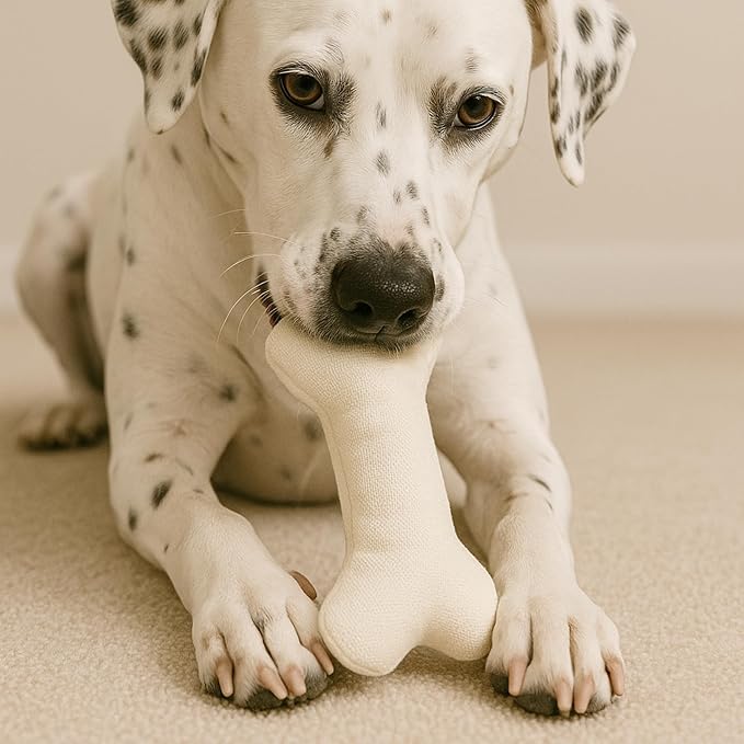 Durable Tough Cotton Canvas Squeaky Dog Toy, Eco-Friendly Interactive Chew Toy for Small, Medium & Large Dogs, T-Bone (White)