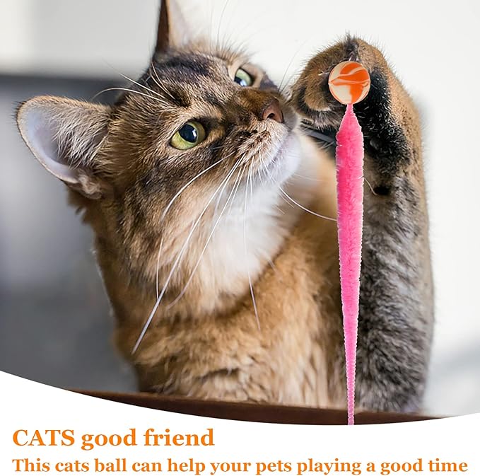 SHENGSEN Bouncy Ball with Tail Cat Toys-5 Packs,Magic Worm with Large Colorful Ball Toy for Cats,Fuzzy Worm Bouncy Balls Cat Toy