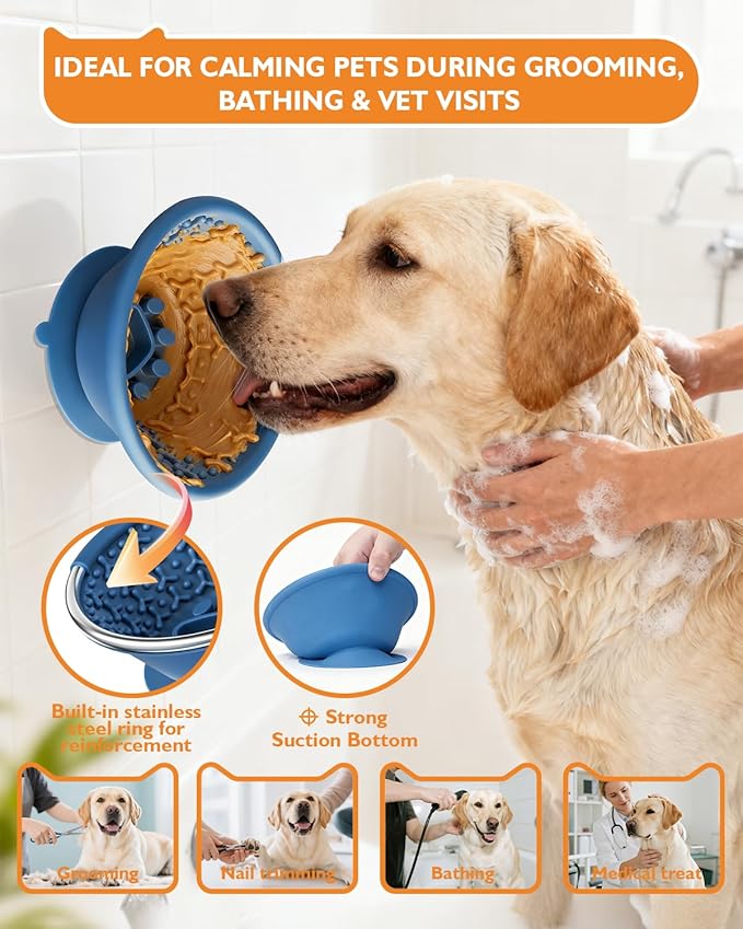 Dog Lick Bowl, Non-Slip Slow Feeder Licking Mat & Treat Dispenser (Wide Bowl Mouth w/Inlaid Stainless Steel Ring) - Interactive Toys, Anxiety Reducer, Freeze Bone for Dogs, BPA Free Silicone(Blue)