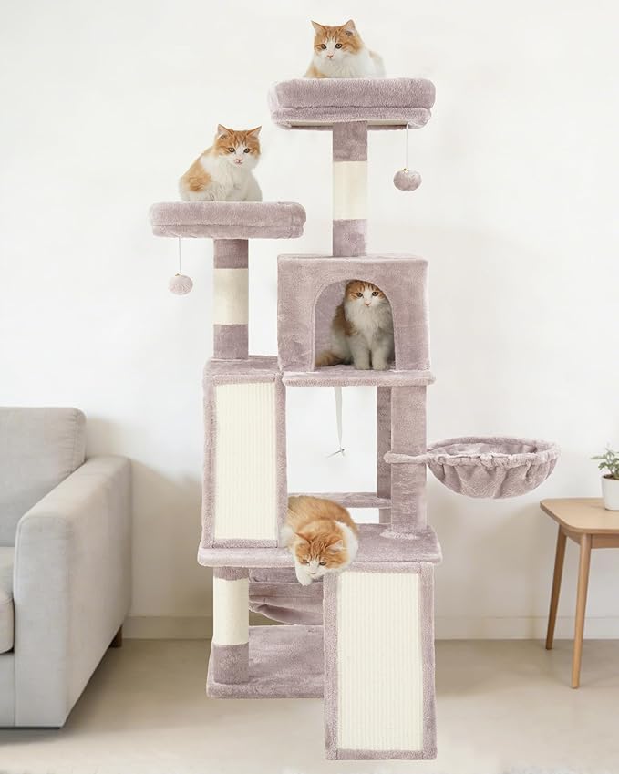 Multi-Level Cat Tree for Indoor Cats, Cat Tower with 2 Scratching Boards, 2 Plush Padding Platforms, Cat Condo House with Hammock, Basket, Muchroom GCT022MU
