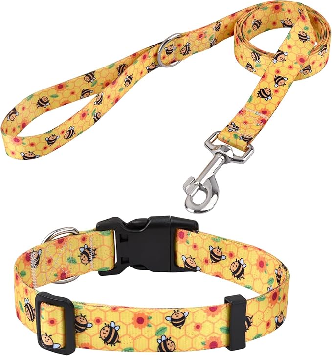 Dog Collar and Leash Set with Bohemia Floral Tribal Geometric Patterns - Soft Ethnic Style Collar Adjustable for Small Medium Large Dogs(Bee Set,XS)