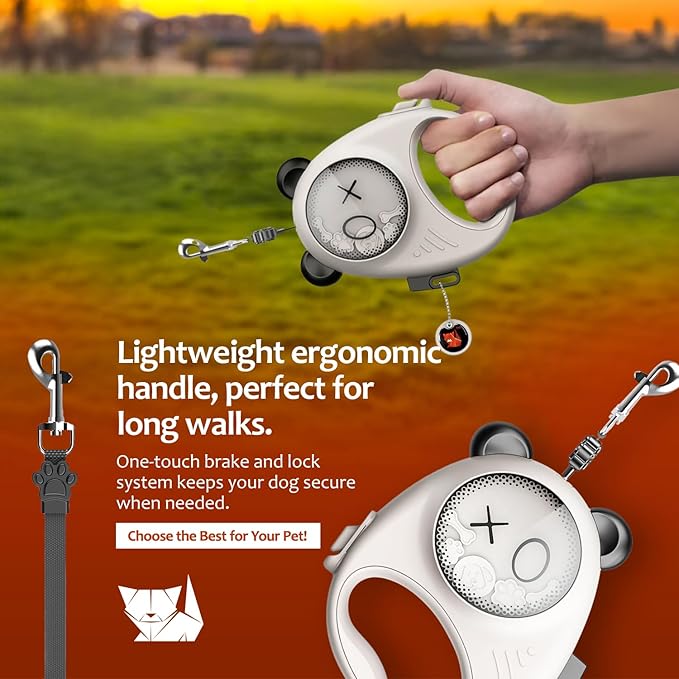 Retractable Dog Leash, 13ft Strong Nylon Tape with Auto-Locking Leash for Small Dogs up to 33 lbs, Tangle-Free, One-Touch Brake, Comfortable Grip, Panda Hug Design