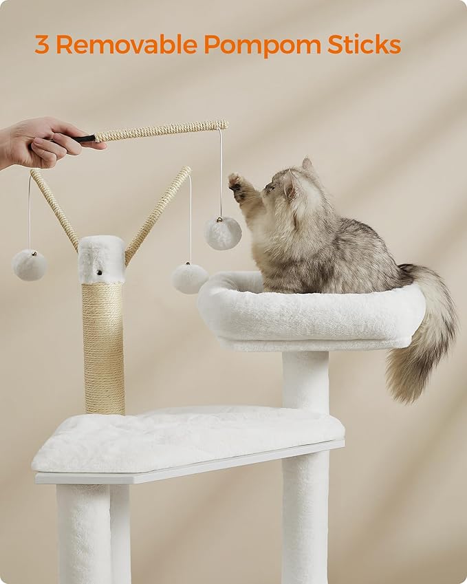 Feandrea Cat Tree with Litter Box Enclosure, 59-Inch Modern Cat Tower, 2-in-1 Condo with Scratching Posts, Washable Removable Cushion, Cloud White UPCT113W01