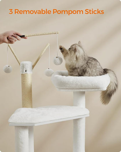 Feandrea Cat Tree with Litter Box Enclosure, 59-Inch Modern Cat Tower, 2-in-1 Condo with Scratching Posts, Washable Removable Cushion, Cloud White UPCT113W01